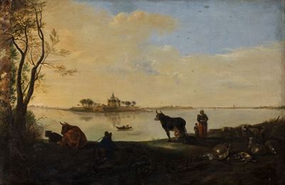 Paesaggio fluviale con armenti e astanti, olio su tela