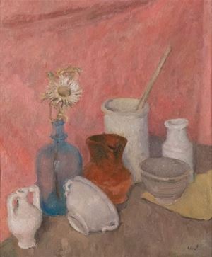 Natura morta con fiore e barattoli