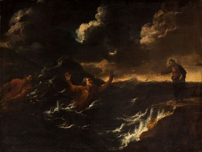 Marina in burrasca con la vocazione degli Apostoli, olio su tela