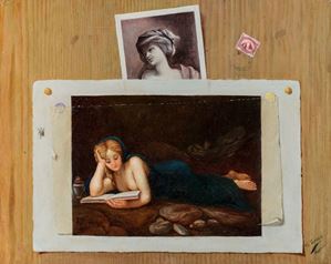 Trompe-l'oeil con studi di dipinti della Galleria Borghese, francobolli e timbri postali