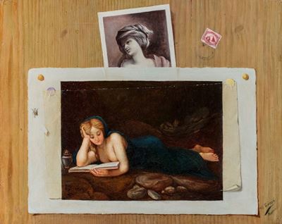 Scuola romana, Trompe-l'oeil con studi di dipinti della Galleria Borghese, francobolli e timbri p...
