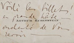 Arthur Rubinstein - Biglietto con dedica autografa