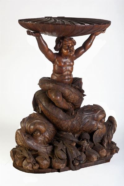 Fioriera da parata, legno scolpito, intagliato e laccato con putto reggi conchiglia, fine XIX sec...