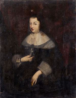 Three-quarter length portrait of a lady in a dark dress
