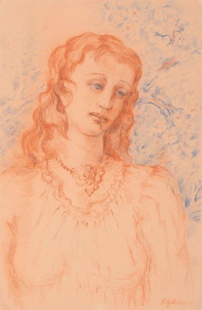 Ritratto di giovane donna, pastelli colorati su carta giallina