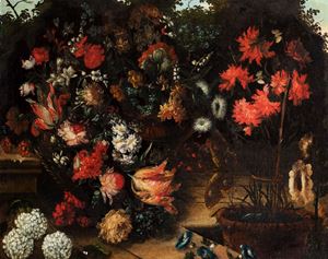 Two paintings representing flowers in a vase en plein air
