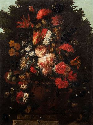 Two paintings representing flowers in a vase en plein air