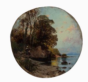 Farmers near the shore with mount Circeo on the background