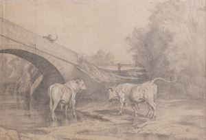 Armenti in un paesaggio con ponte