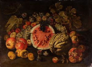 Anguria, melone, uve bianche e nere, fichi, melograni e altri frutti en plein air
