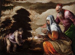 Little Saint John the Baptist offers flowers to his mother and his father