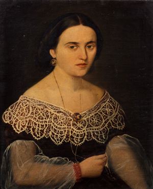 Ritratto di dama a mezzo busto, con colletto di pizzo e bracciale di corallo