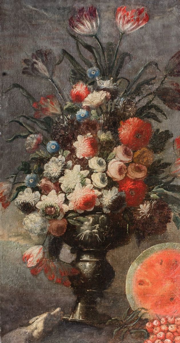 Scuola napoletana, secolo XVII - Trionfo di fiori in un vaso di metallo ...