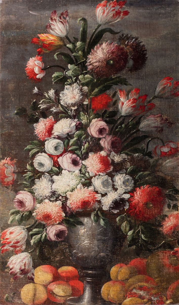 Scuola napoletana, secolo XVII - Trionfo di fiori in un vaso di metallo ...