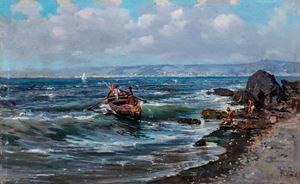 Naples, boats and fishermen in the gulf