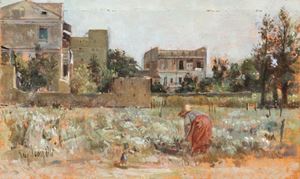 Peasant working in the urban garden