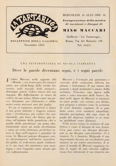 Bollettino della galleria La Tartaruga, novembre 1954