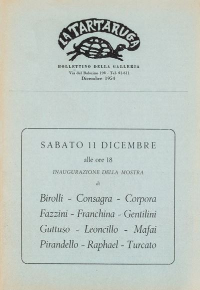 Bollettino della Galleria La Tartaruga, Roma, dicembre 1954, periodico su carta verdina