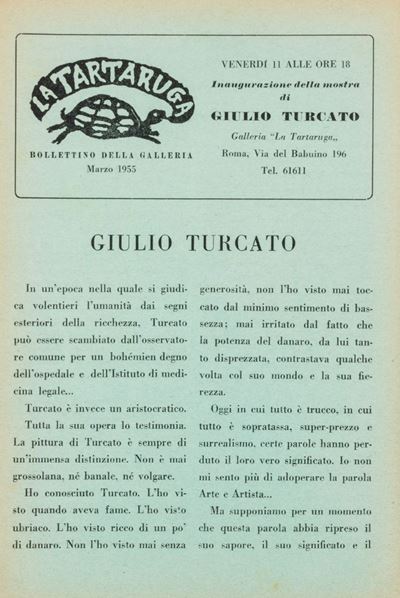 Bollettino della galleria La Tartaruga, marzo 1955, periodico su carta azzurrina