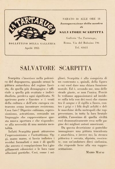 Bollettino della Galleria La Tartaruga, aprile 1955, periodico su carta giallina