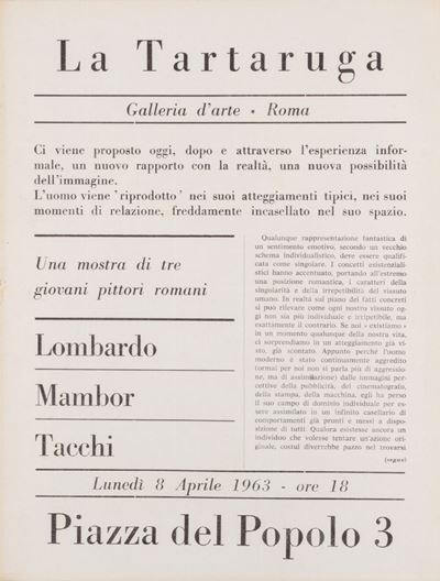 Catalogo e inviti alla mostra 'Una mostra di tre giovani pittori romani', galleria La Tartaruga, ...