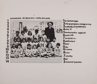 Smettete di giocare nella strada, locandina-invito alla mostra collettiva (1975)
