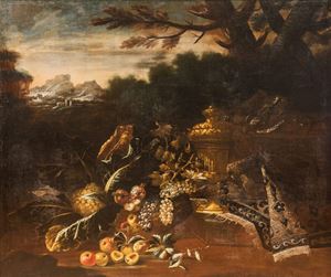Grande paesaggio con frutti, tappeto e vaso ornamentale