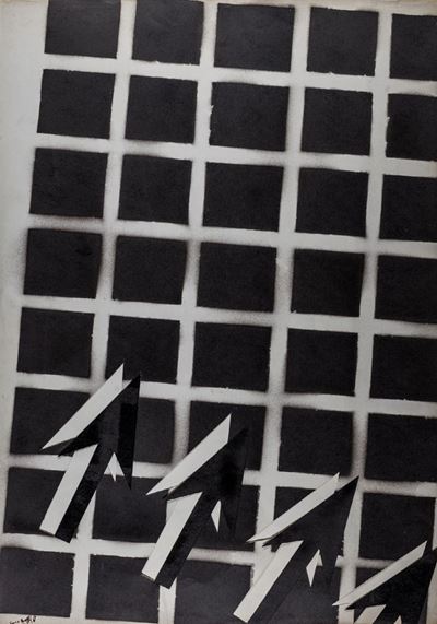 Senza titolo - Frecce, collage e vernice spray su cartoncino