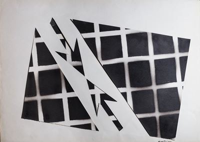 Senza titolo - Frecce convergenti, collage e vernice spray su cartoncino
