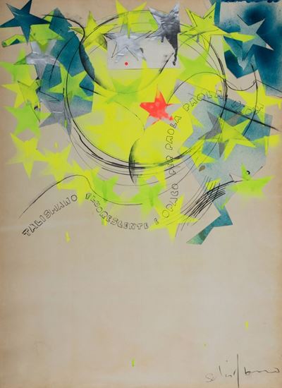 Talismano fluorescente e opaco per Paola Paola Paola, smalto spray, grafite e collage su carta