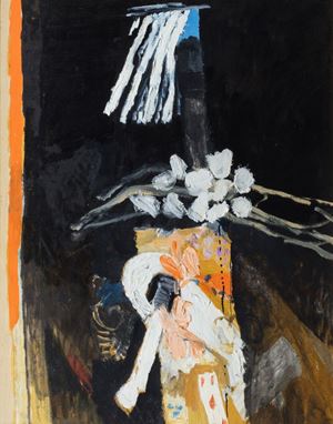 Interno con tenda che vola e ramo fiorito