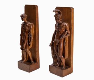 Two wooden scupltures representing Mercury and Mars