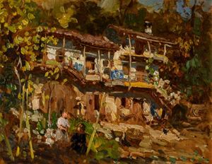 Two children playing in front on the house