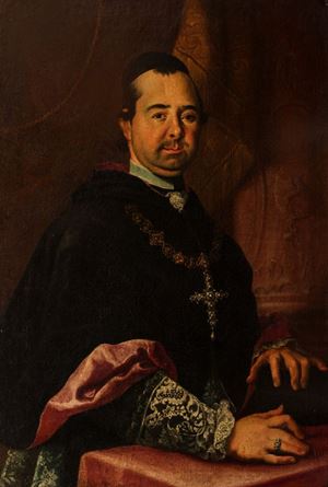 Ritratto di prelato, a mezzo busto, presso uno scrittoio