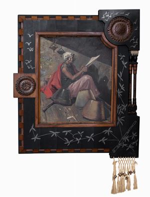 Cornice con dipinto orientalista raffigurante vecchio che legge