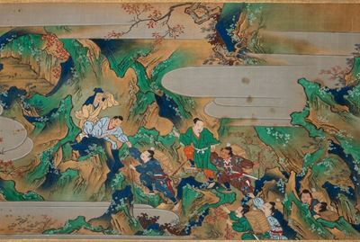 Scene di dignitari in viaggio - 4 dipinti su tessuto, periodo Edo, 1868