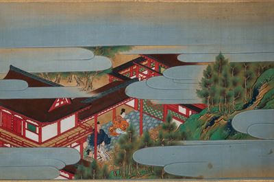 Scene di vita con dignitari e samurai, 1868, 4 dipinti su tessuto