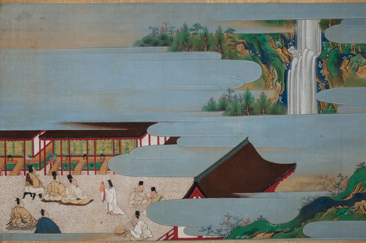 Giappone - Scene di vita con dignitari e samurai, 1868, 4 dipinti su tessuto