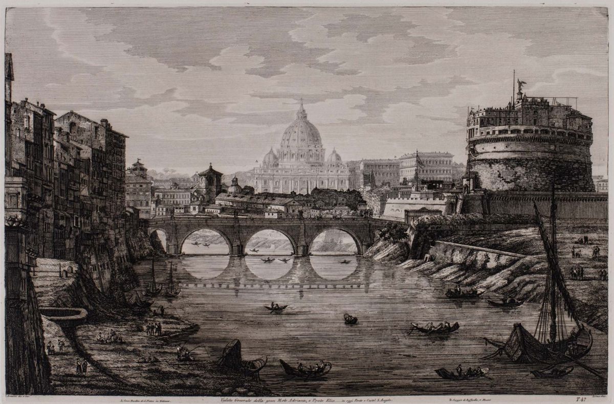 Rossini, Luigi - Veduta Generale della Gran Mole Adriana, e Ponte Elio... in Oggi Ponte e Castel ...