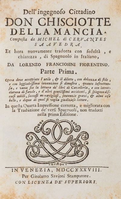 Dell'ingegnoso Cittadino Don Chisciotte della Mancia, Quarta edizione italiana, 1738