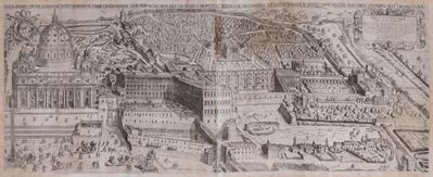 Vaticano, Veduta della Basilica di San Pietro con Adiunctis Pontificum Aedibus, incisione in rame...