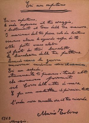 Mario Tobino - Poesia autografa firmata e con dedica datata 1969 su carta di cartella clinica