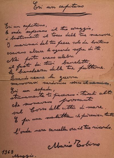 Poesia autografa 'Eri un capitano' con dedica datata 1969 su carta di cartella clinica