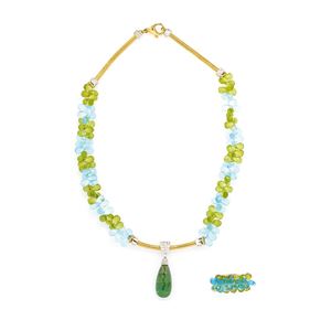 DEMI-PARURE IN ACQUAMARINE E PERIDOTI, K