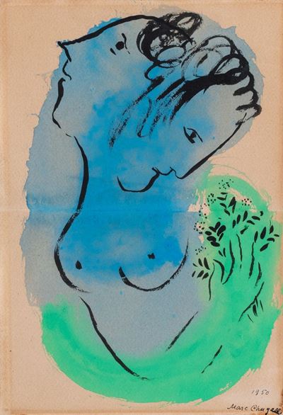 Doppio profilo su fondo blu e verde, gouache, pastello e inchiostro di china su carta