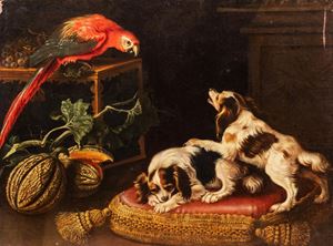 Still life with two dogs and a parrot