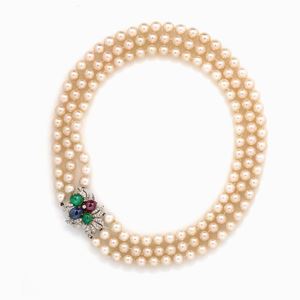 COLLANA IN PERLE, DIAMANTI E PIETRE DI C