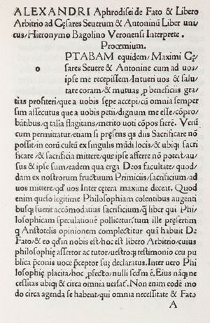 Alessandro di Afrodisia , Girolamo  Bagolino  - Hieronymi Bagolini Veronensis In interpretationem Alexandri Aphrodisei De fato praefatio