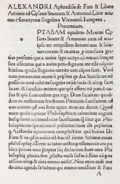 Girolamo Bagolino, In interpretationem Alexandri Aphrodisei De fato. Praefatio