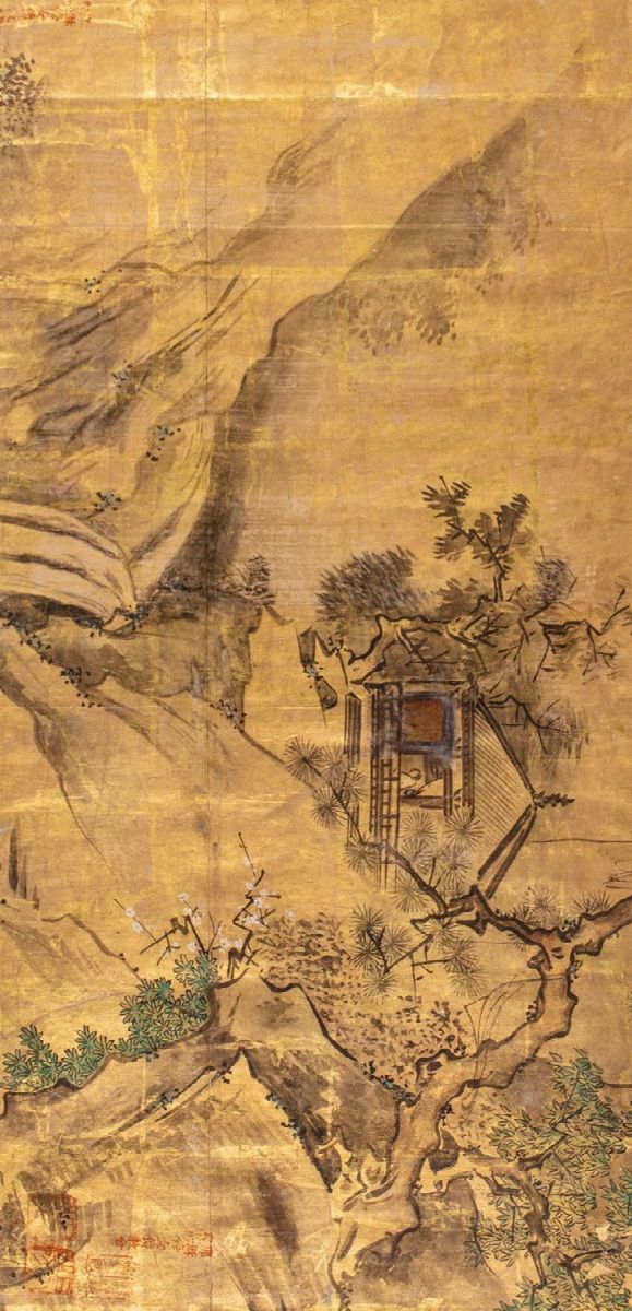 Giappone - Paesaggi e imbarcazioni su fogli d'oro, Scuola Tosa, periodo Edo